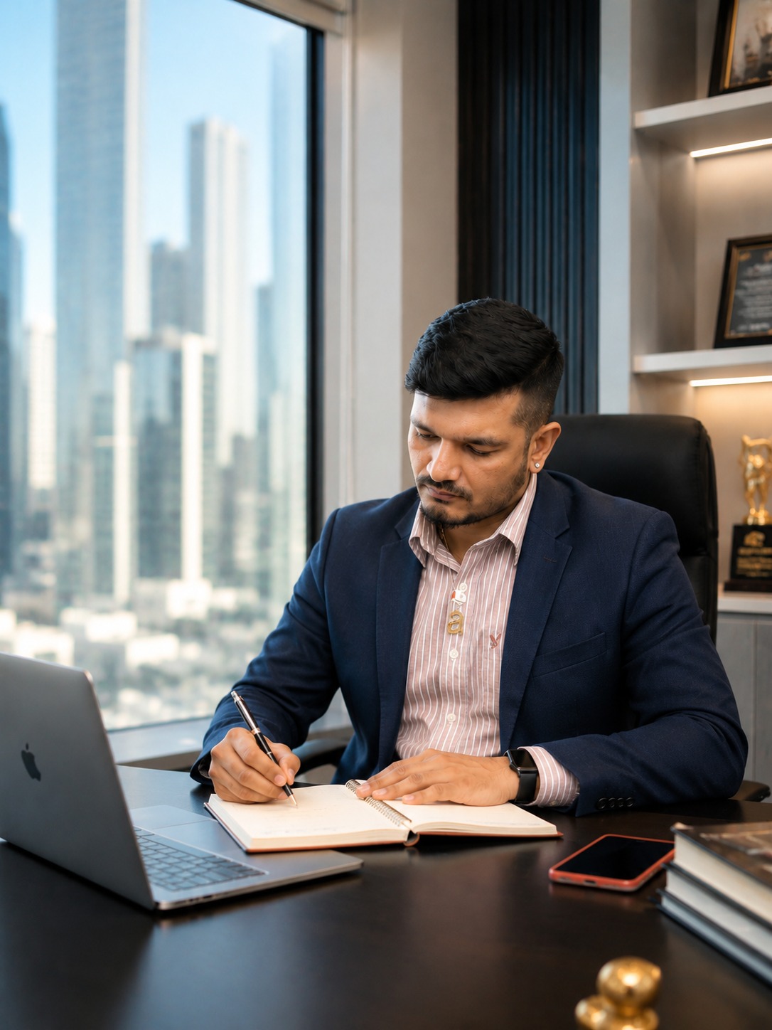 Priteesh Patel writing in a notebook at his desk