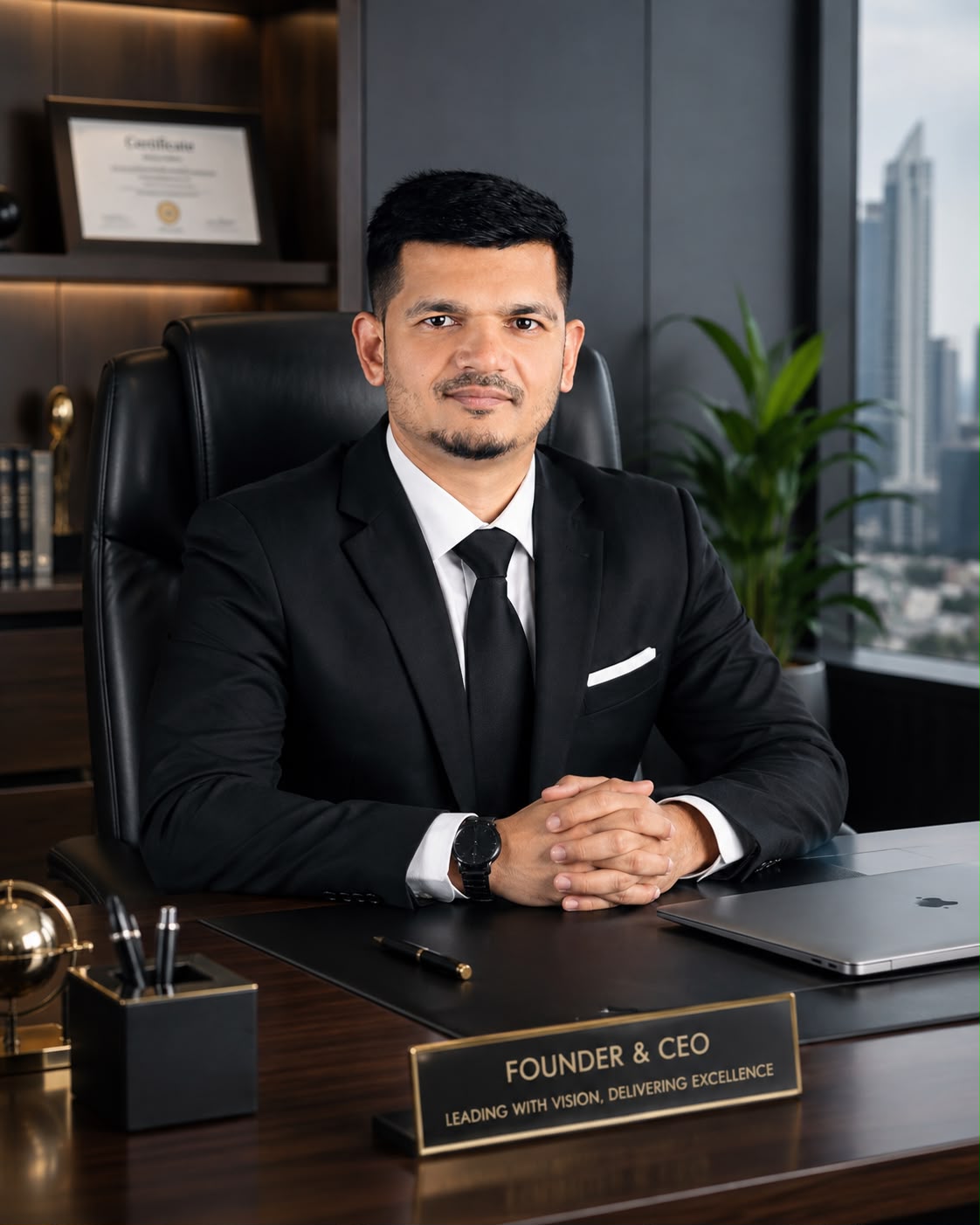 Priteesh Patel in a black suit